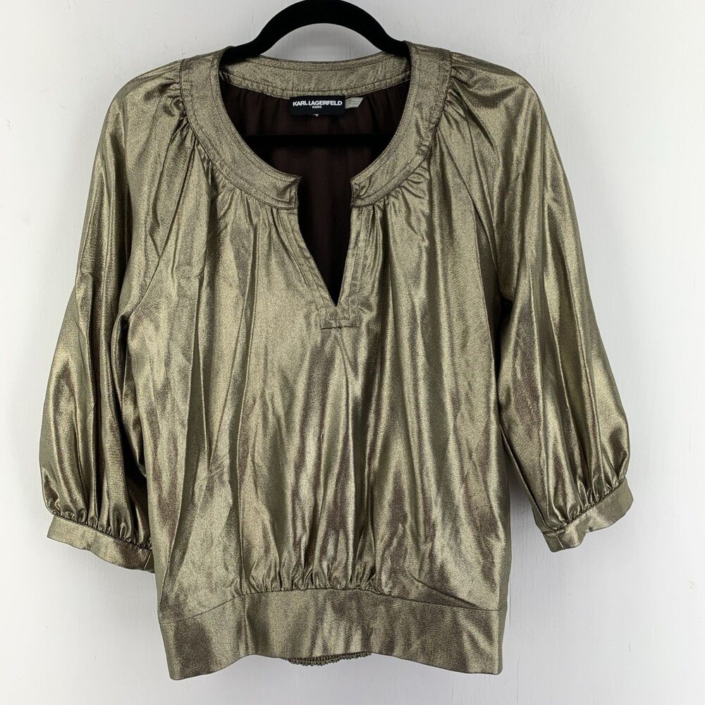 Karl Legerfeld Paris Womens Small Metallic Blouson‎ Top Gold Glam Regency Fairy
